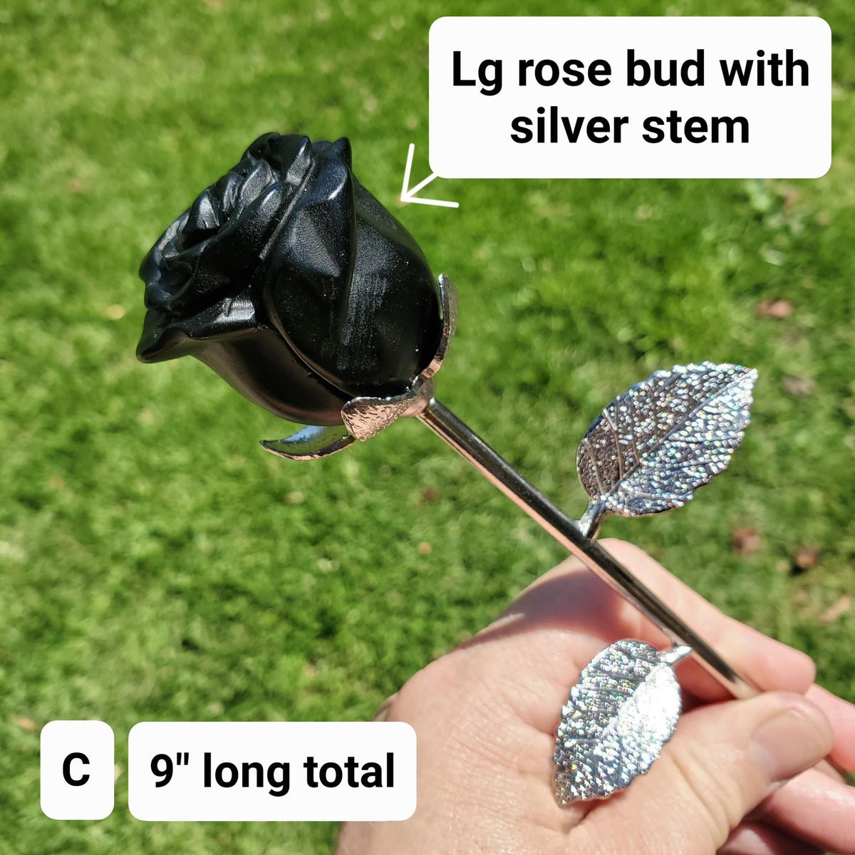 Black Obsidian Long Stem Rose - Self Reflection, Release Negativity, Increase Positivity - Crystal Rose Bud with Silver or Gold Stem
