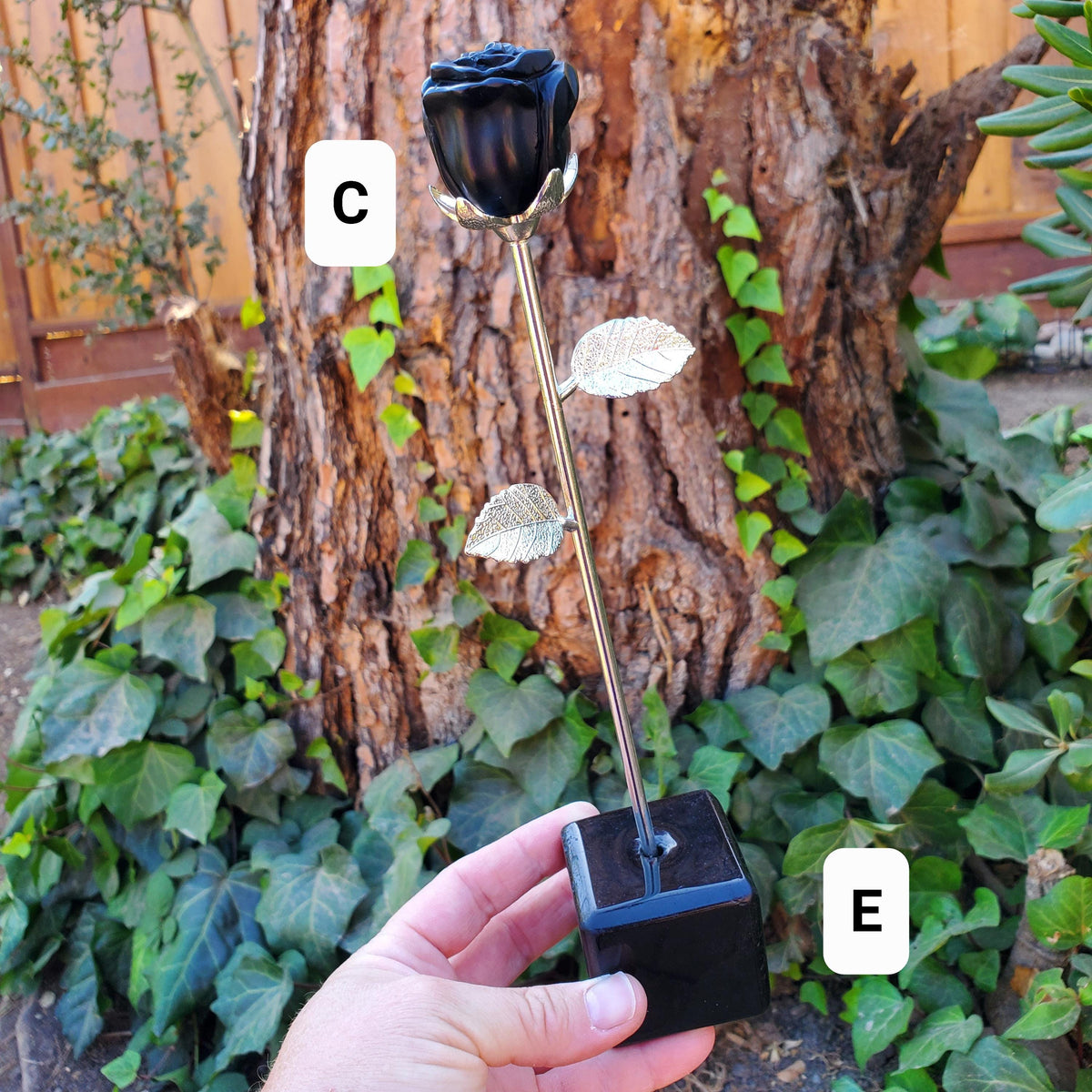 Black Obsidian Long Stem Rose - Self Reflection, Release Negativity, Increase Positivity - Crystal Rose Bud with Silver or Gold Stem