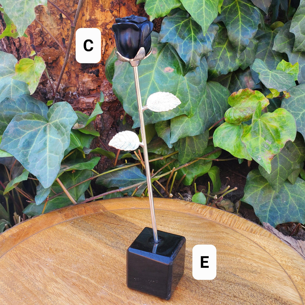 Black Obsidian Long Stem Rose - Self Reflection, Release Negativity, Increase Positivity - Crystal Rose Bud with Silver or Gold Stem