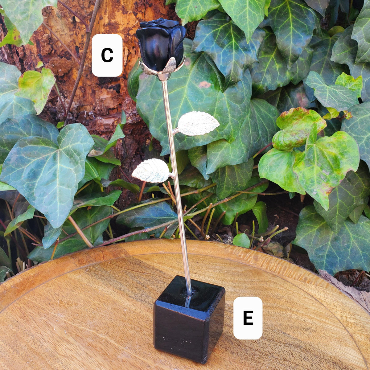 Black Obsidian Long Stem Rose - Self Reflection, Release Negativity, Increase Positivity - Crystal Rose Bud with Silver or Gold Stem