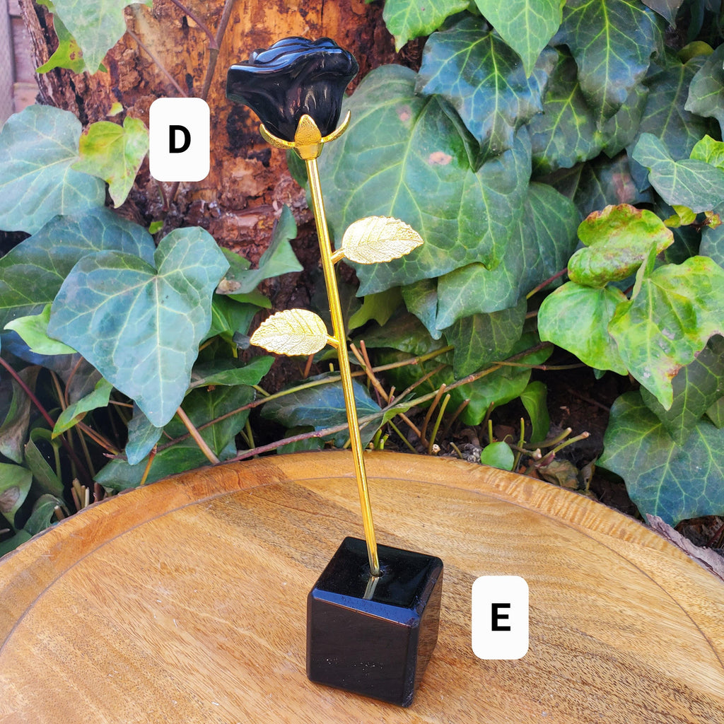 Black Obsidian Long Stem Rose - Self Reflection, Release Negativity, Increase Positivity - Crystal Rose Bud with Silver or Gold Stem