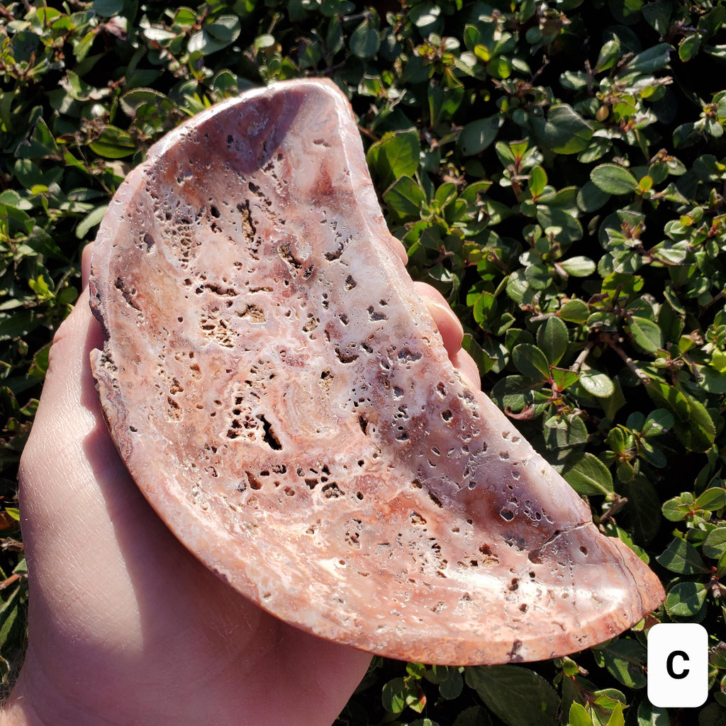 Pink Lace Agate Crescent Moon Tray- Balance Physical, Mental, Emotional - Agate Crystal Moon Display Tray for Trinkets Healing Decor