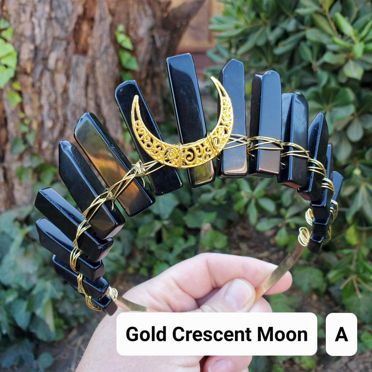 Obsidian Crown with Gold Moon - Self Reflection, Release Negative Energies - Black and Gold Goddess Crown Healing Crystals Headband