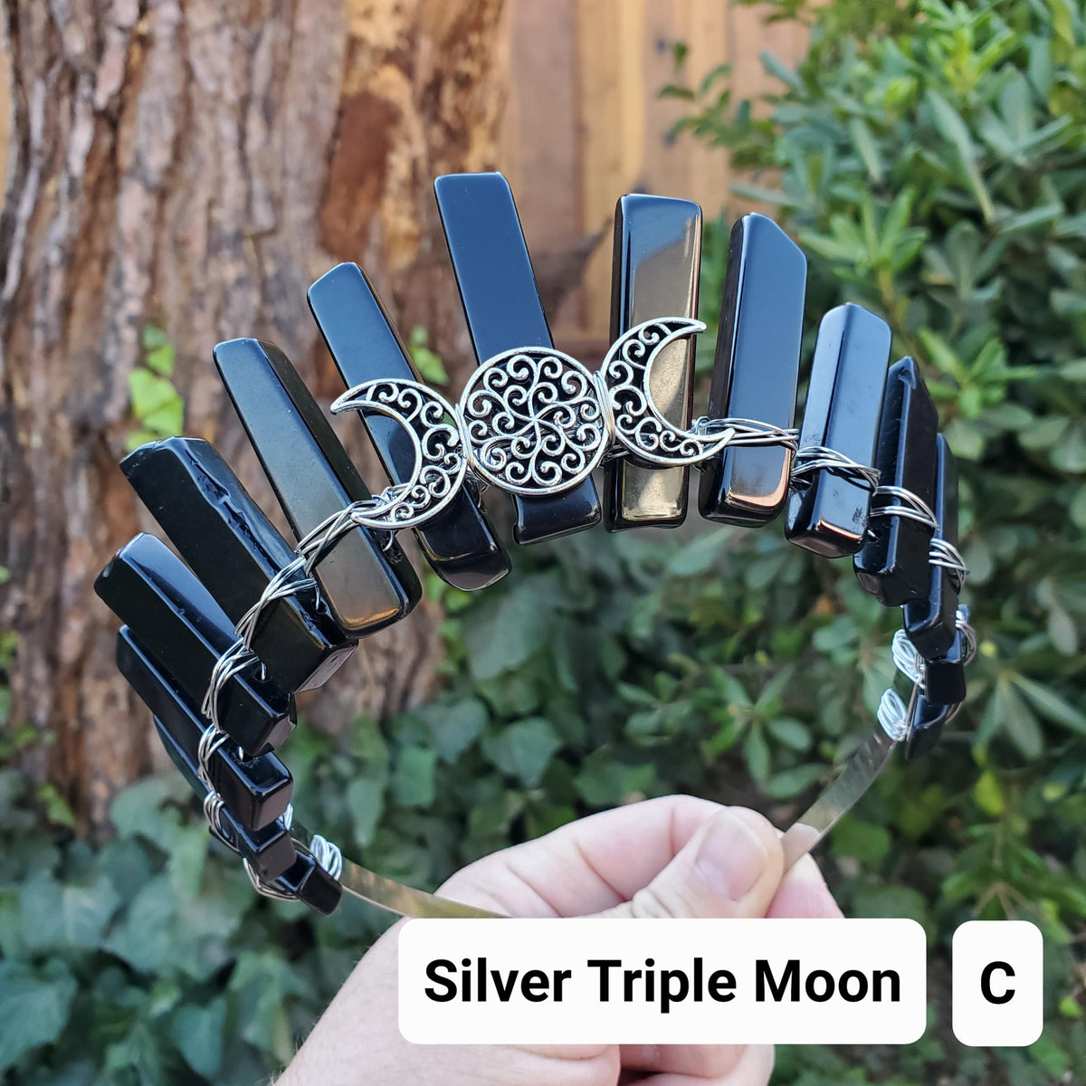 Obsidian Crown with Gold Moon - Self Reflection, Release Negative Energies - Black and Gold Goddess Crown Healing Crystals Headband