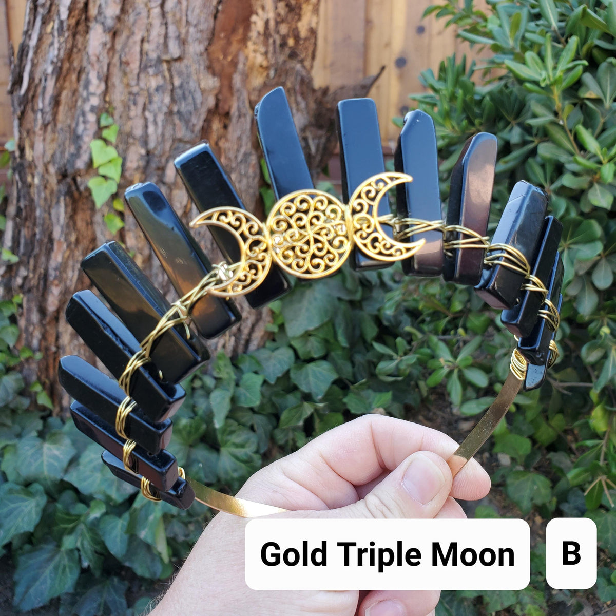 Obsidian Crown with Gold Moon - Self Reflection, Release Negative Energies - Black and Gold Goddess Crown Healing Crystals Headband