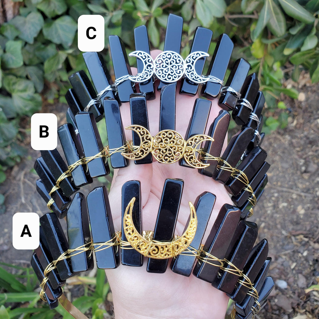 Obsidian Crown with Gold Moon - Self Reflection, Release Negative Energies - Black and Gold Goddess Crown Healing Crystals Headband
