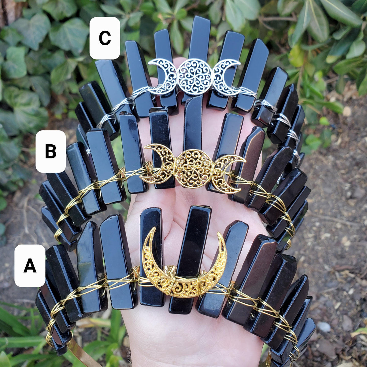 Obsidian Crown with Gold Moon - Self Reflection, Release Negative Energies - Black and Gold Goddess Crown Healing Crystals Headband