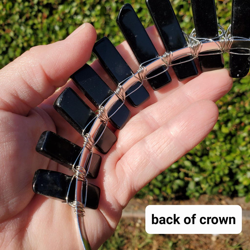 Obsidian Crown with Gold Moon - Self Reflection, Release Negative Energies - Black and Gold Goddess Crown Healing Crystals Headband