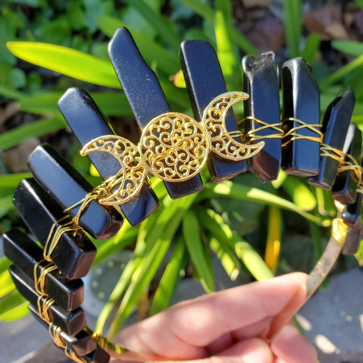 Obsidian Crown with Gold Moon - Self Reflection, Release Negative Energies - Black and Gold Goddess Crown Healing Crystals Headband