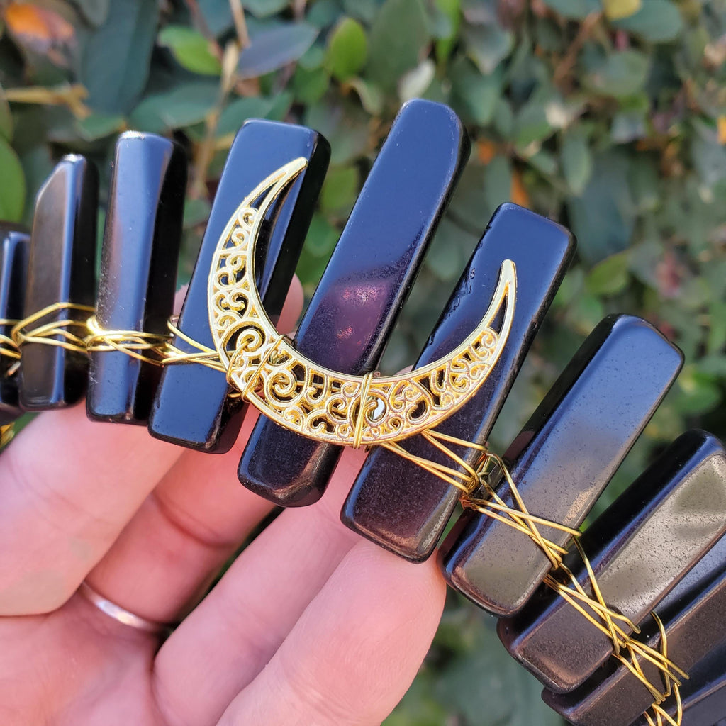 Obsidian Crown with Gold Moon - Self Reflection, Release Negative Energies - Black and Gold Goddess Crown Healing Crystals Headband