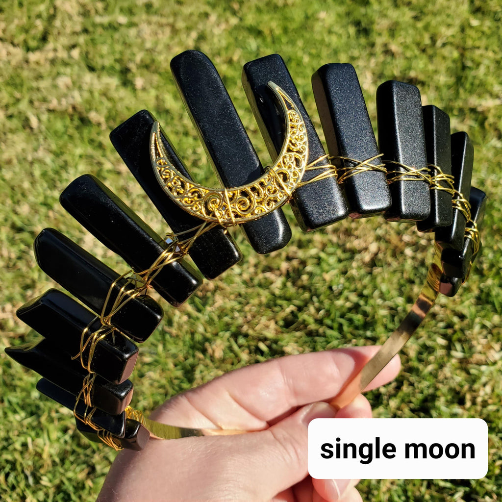 Obsidian Crown with Gold Moon - Self Reflection, Release Negative Energies - Black and Gold Goddess Crown Healing Crystals Headband