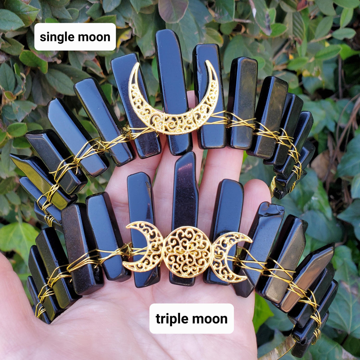 Obsidian Crown with Gold Moon - Self Reflection, Release Negative Energies - Black and Gold Goddess Crown Healing Crystals Headband