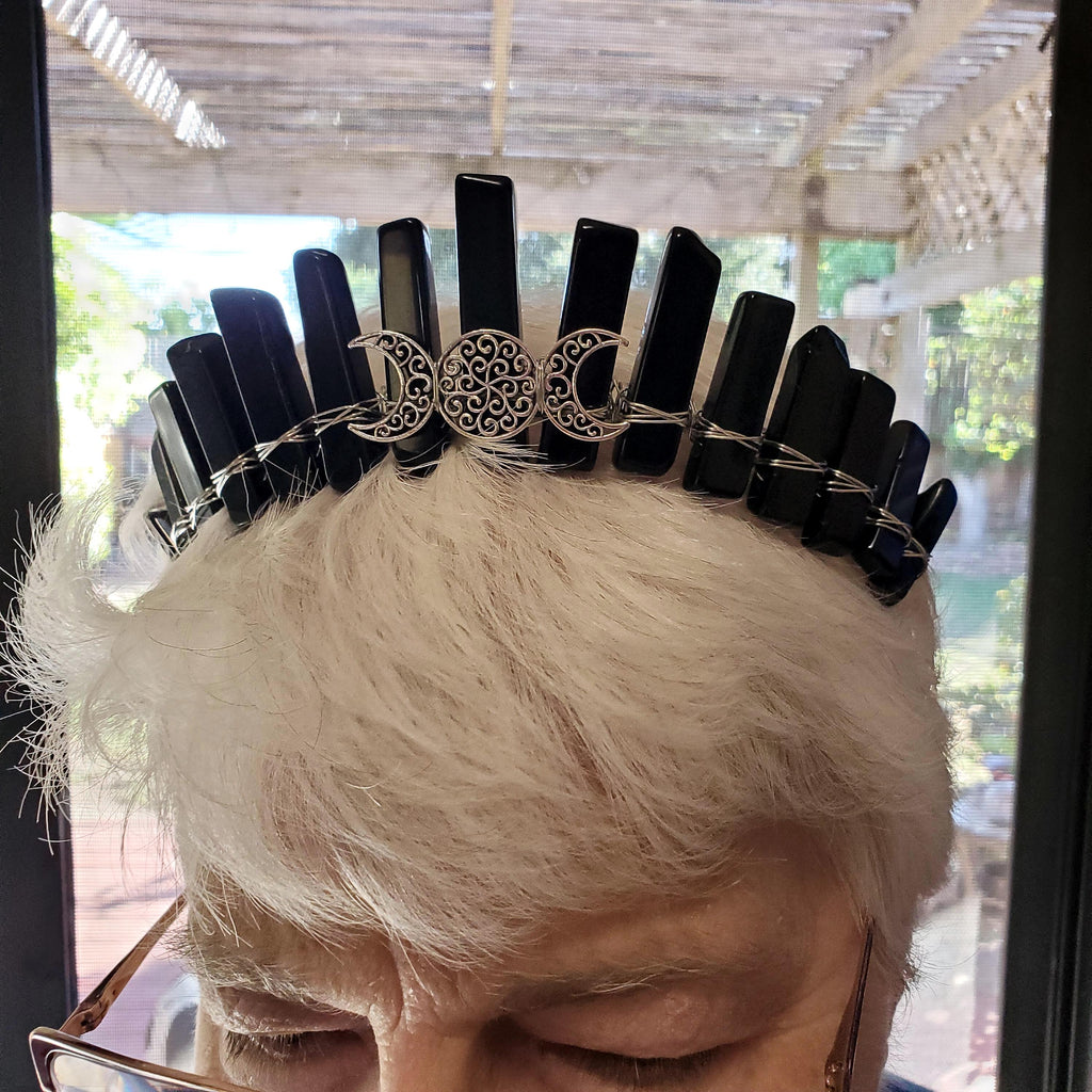 Obsidian Crown with Gold Moon - Self Reflection, Release Negative Energies - Black and Gold Goddess Crown Healing Crystals Headband