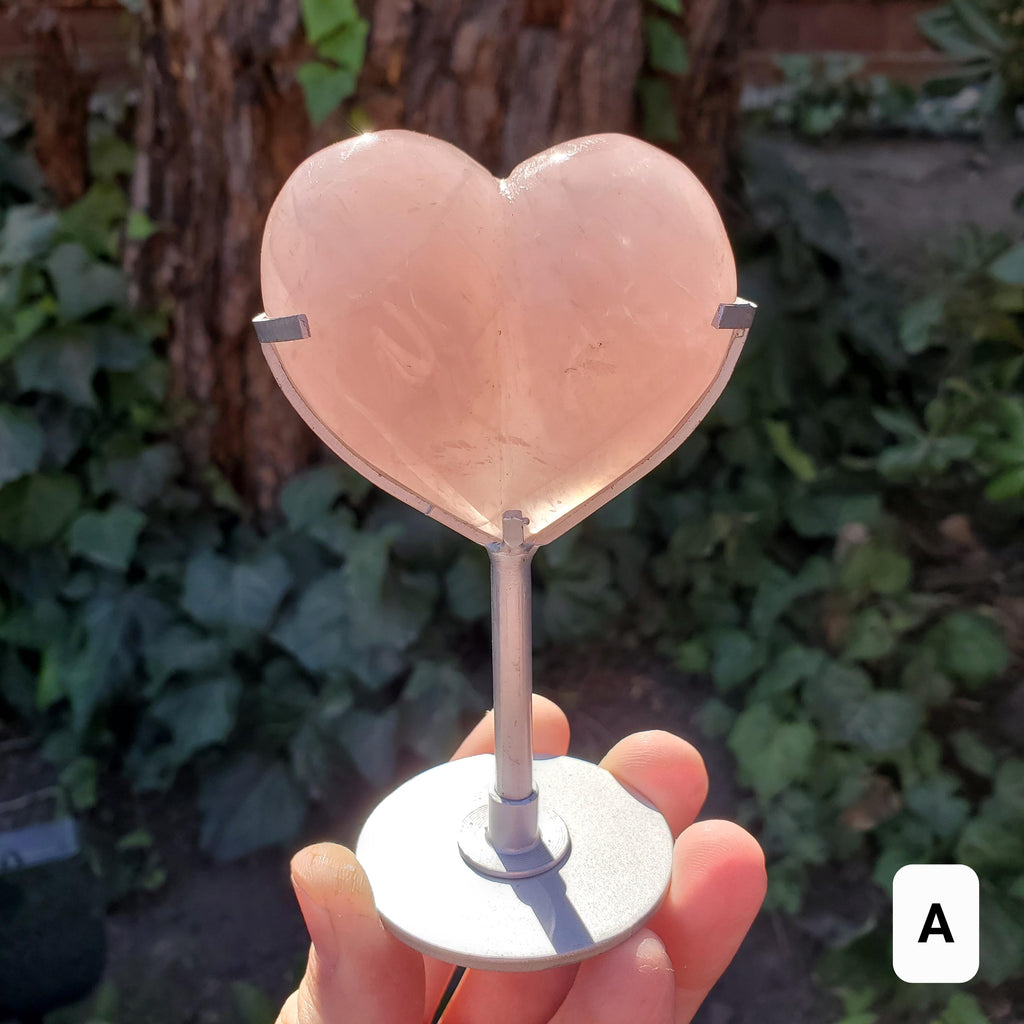 Cute Puffy Rose Quartz Heart on Silver Stand - Unconditional Love, Compassion, Kindness, Self Love - Pink Heart Crystal Healing Statement