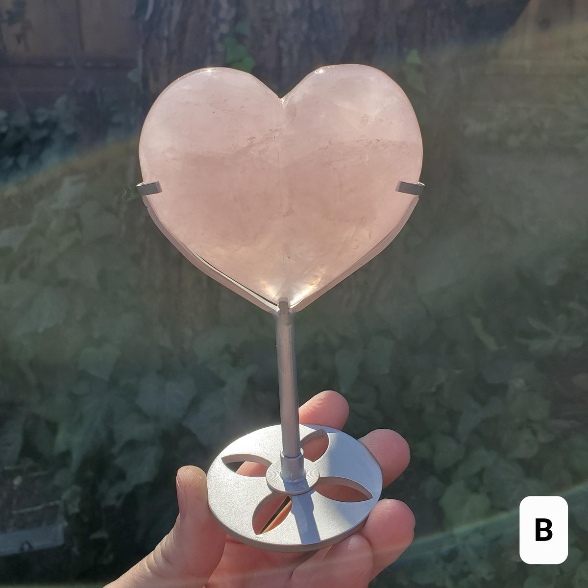 Cute Puffy Rose Quartz Heart on Silver Stand - Unconditional Love, Compassion, Kindness, Self Love - Pink Heart Crystal Healing Statement