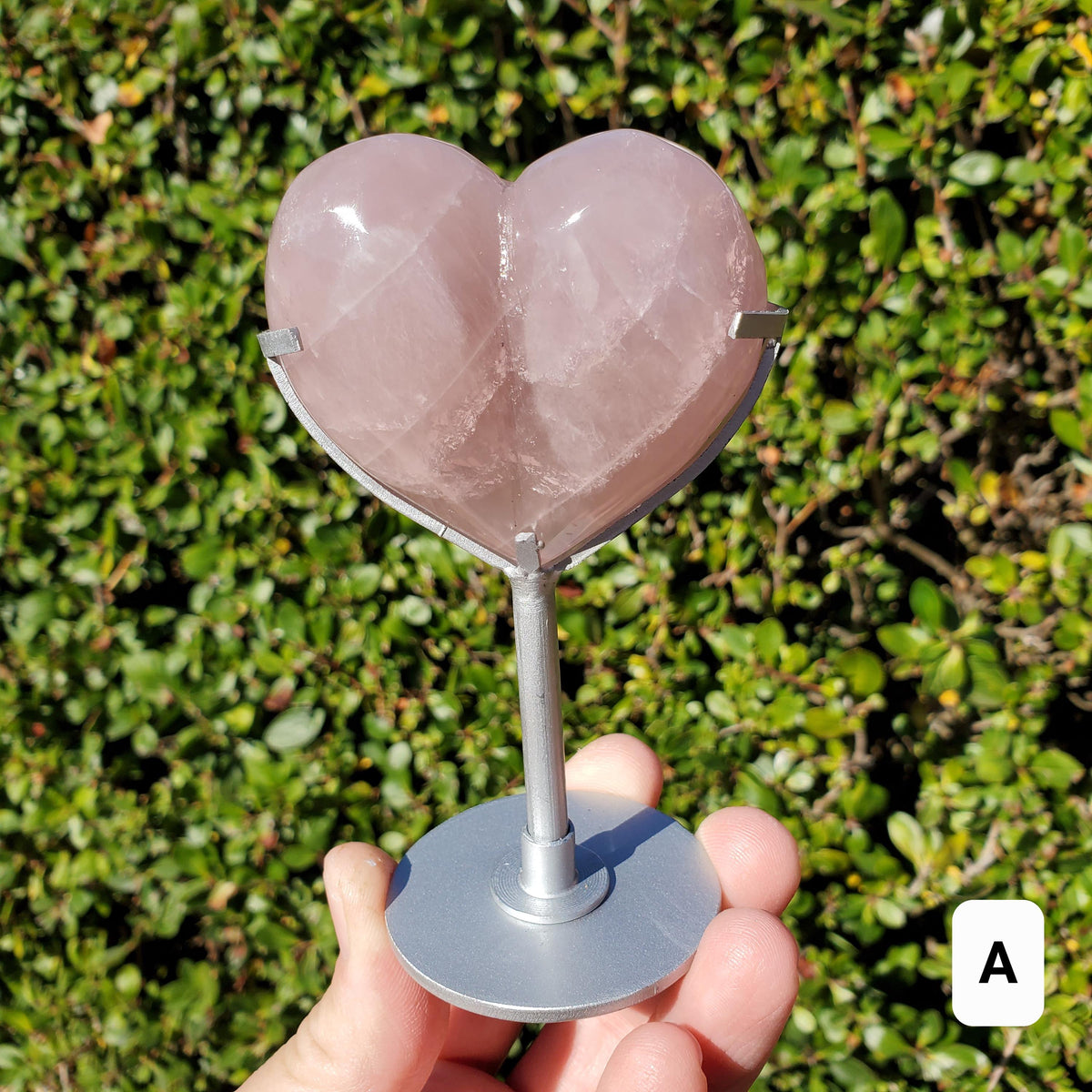 Cute Puffy Rose Quartz Heart on Silver Stand - Unconditional Love, Compassion, Kindness, Self Love - Pink Heart Crystal Healing Statement