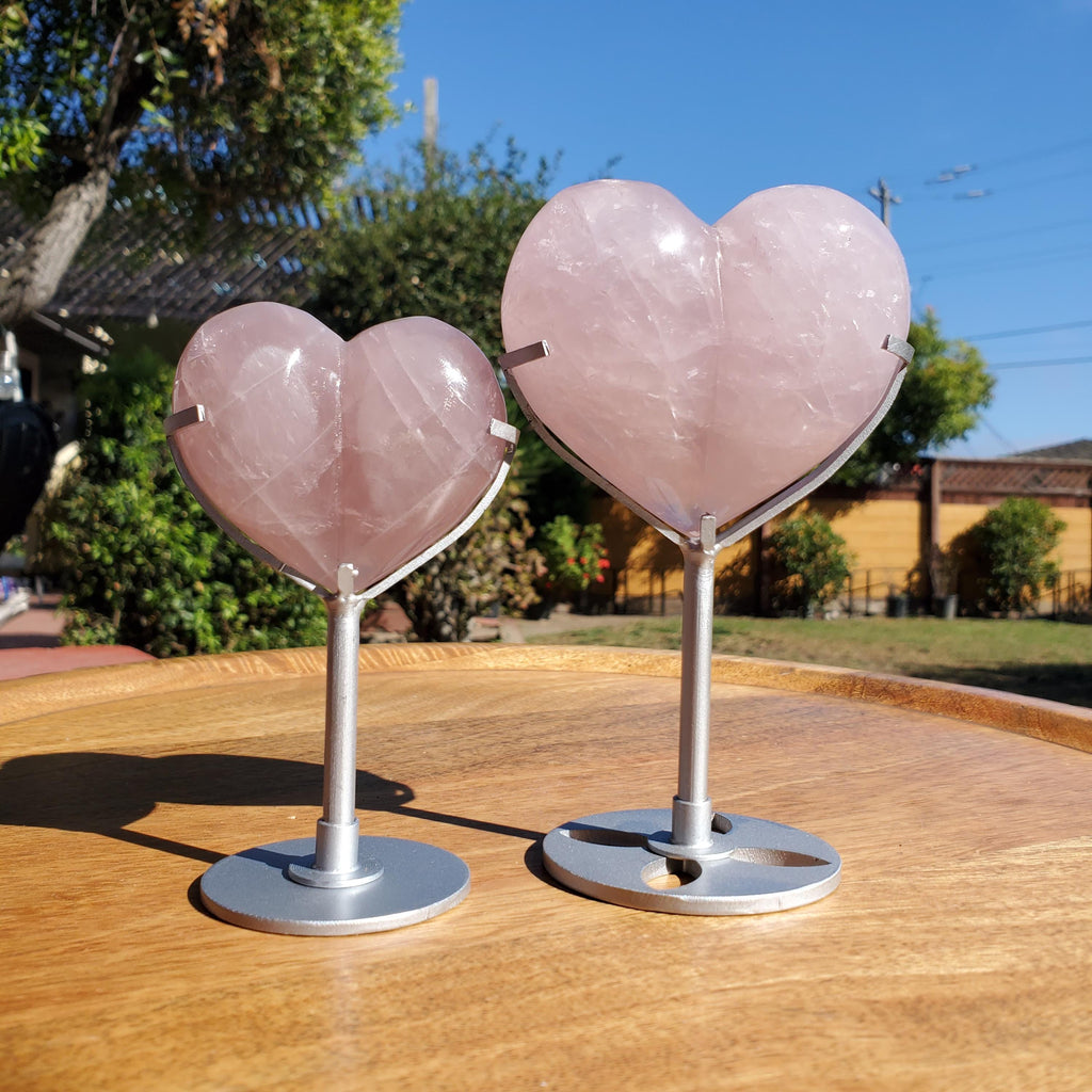 Cute Puffy Rose Quartz Heart on Silver Stand - Unconditional Love, Compassion, Kindness, Self Love - Pink Heart Crystal Healing Statement