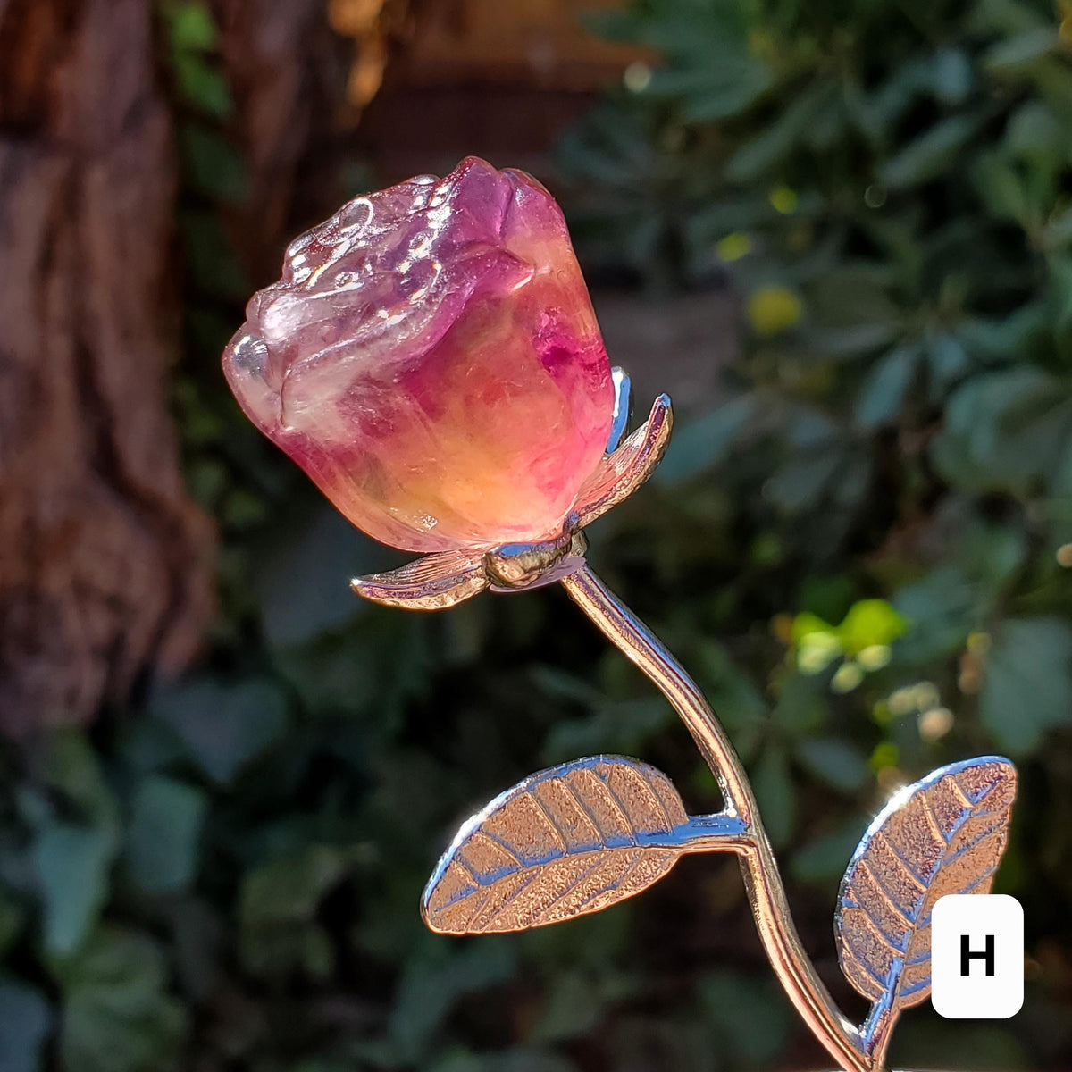 Small Rainbow Fluorite Crystal Rose on Stem - Mental Clarity, Positivity, Energetic Protection - Stone Rose Healing Crystals Gemstones