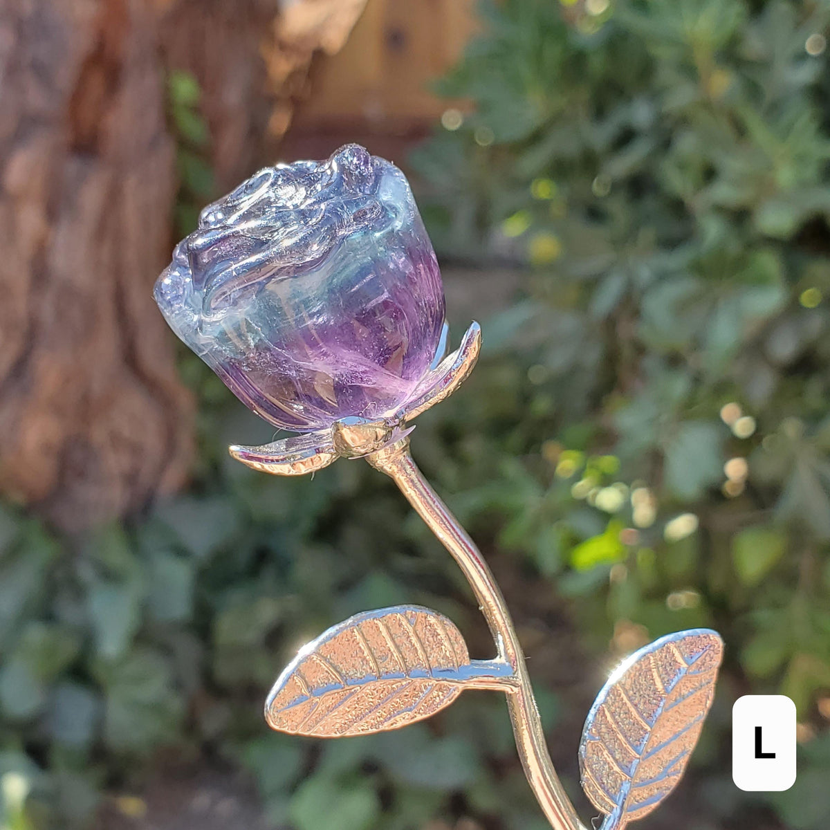 Small Rainbow Fluorite Crystal Rose on Stem - Mental Clarity, Positivity, Energetic Protection - Stone Rose Healing Crystals Gemstones