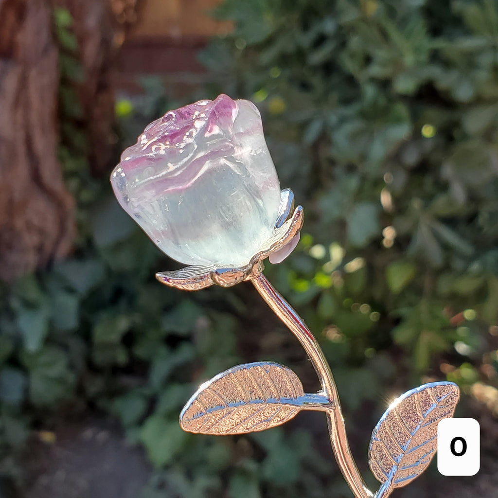Small Rainbow Fluorite Crystal Rose on Stem - Mental Clarity, Positivity, Energetic Protection - Stone Rose Healing Crystals Gemstones
