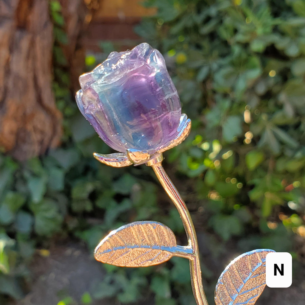 Small Rainbow Fluorite Crystal Rose on Stem - Mental Clarity, Positivity, Energetic Protection - Stone Rose Healing Crystals Gemstones