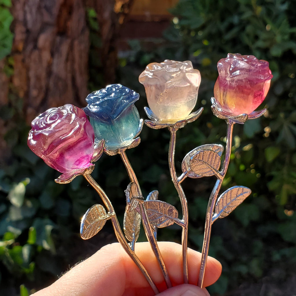 Small Rainbow Fluorite Crystal Rose on Stem - Mental Clarity, Positivity, Energetic Protection - Stone Rose Healing Crystals Gemstones