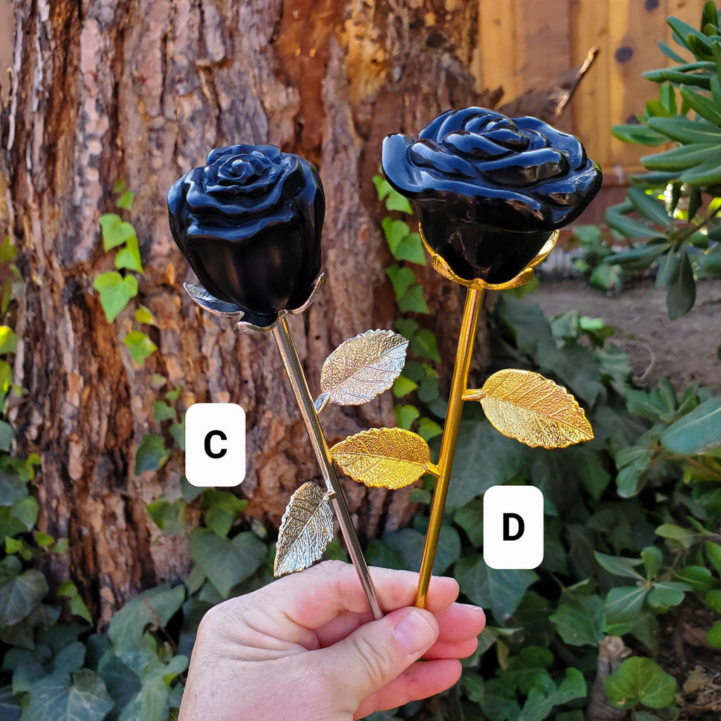 Black Obsidian Long Stem Rose - Self Reflection, Release Negativity, Increase Positivity - Crystal Rose Bud with Silver or Gold Stem