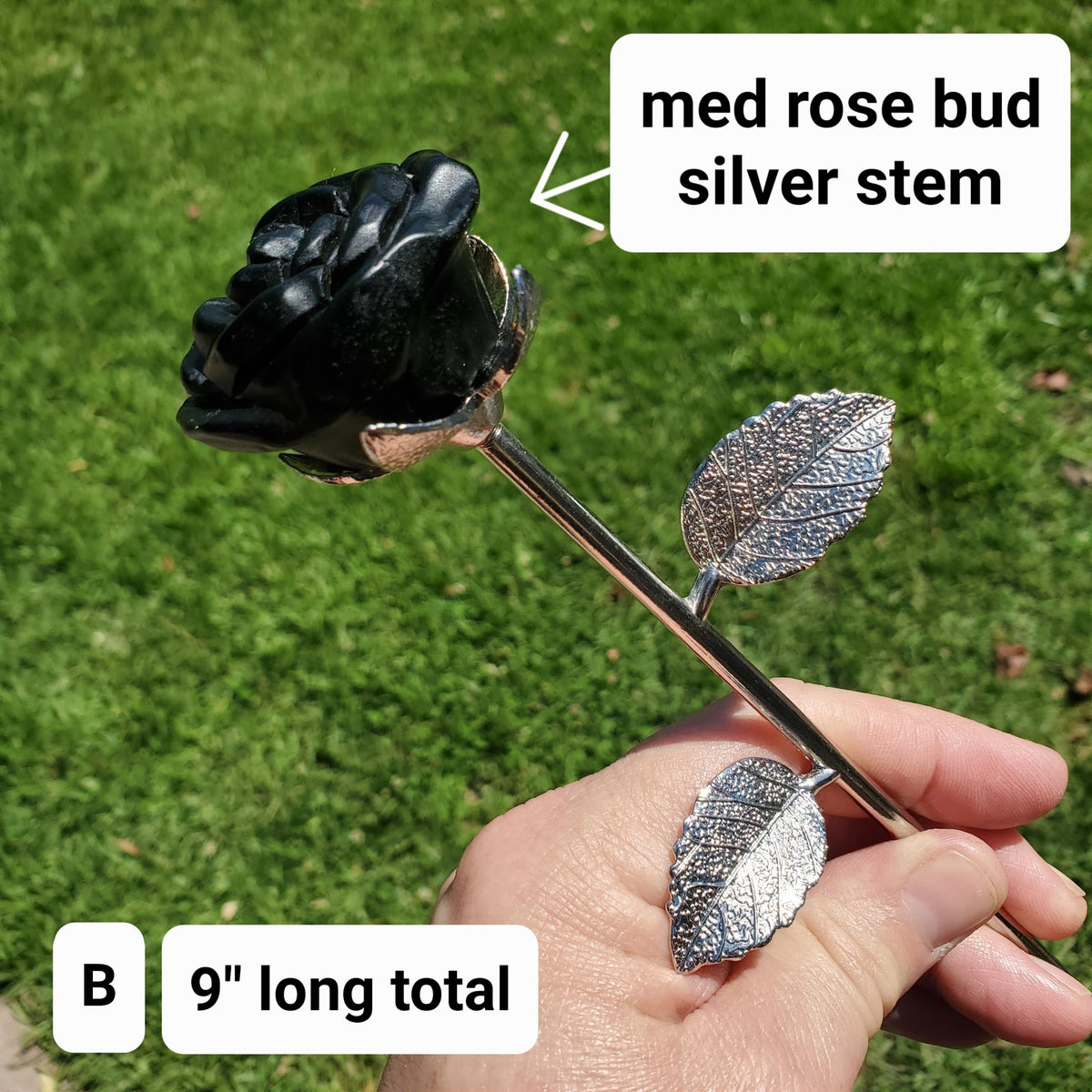 Black Obsidian Long Stem Rose - Self Reflection, Release Negativity, Increase Positivity - Crystal Rose Bud with Silver or Gold Stem