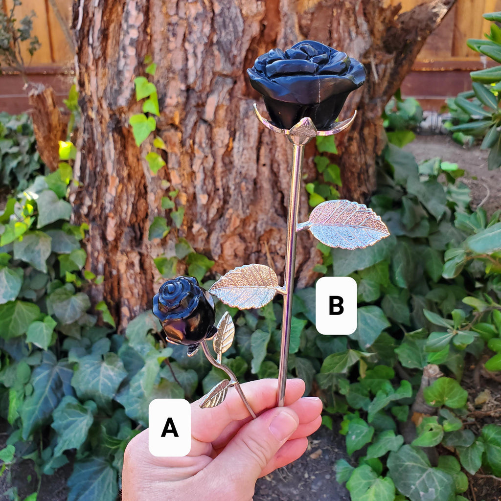 Black Obsidian Long Stem Rose - Self Reflection, Release Negativity, Increase Positivity - Crystal Rose Bud with Silver or Gold Stem