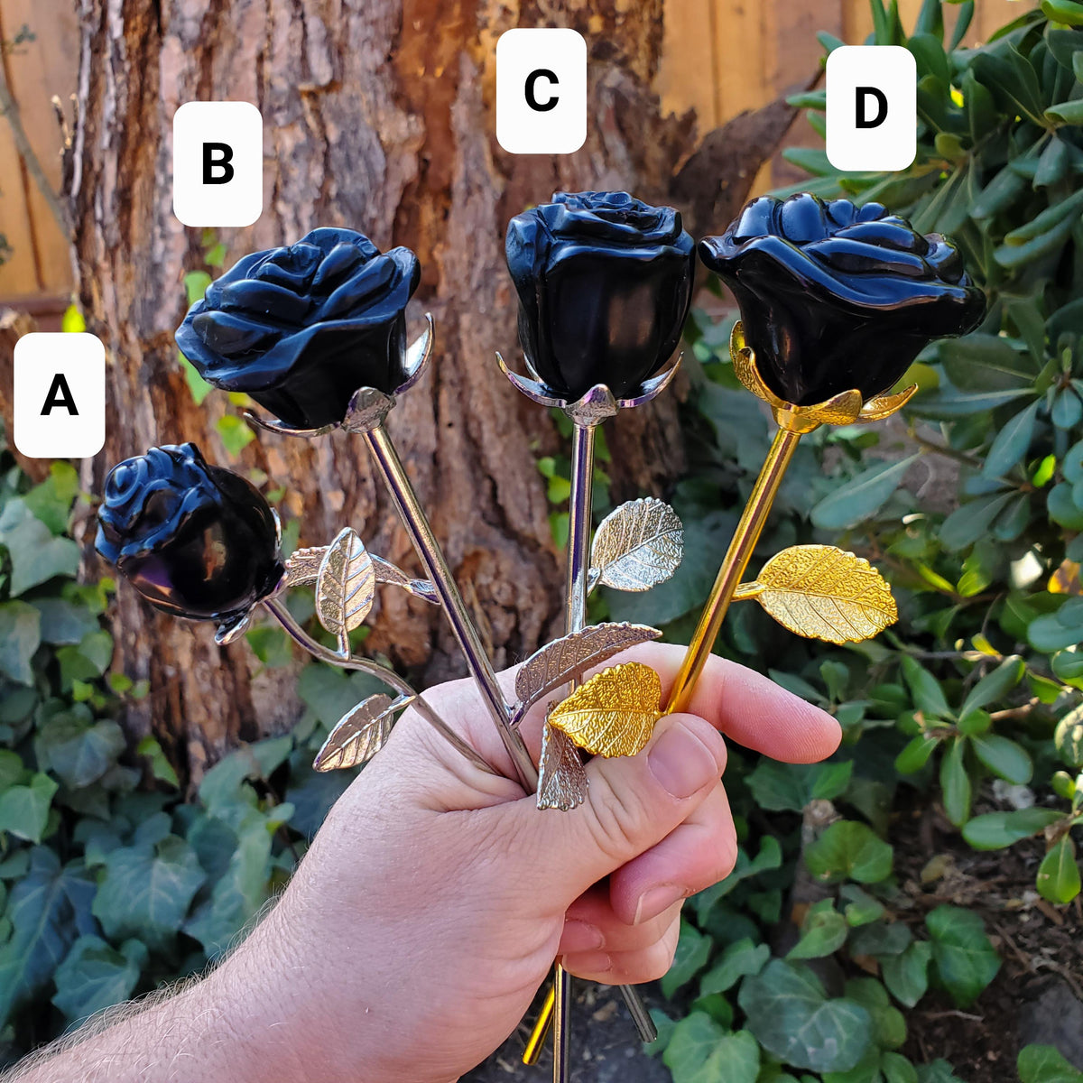 Black Obsidian Long Stem Rose - Self Reflection, Release Negativity, Increase Positivity - Crystal Rose Bud with Silver or Gold Stem