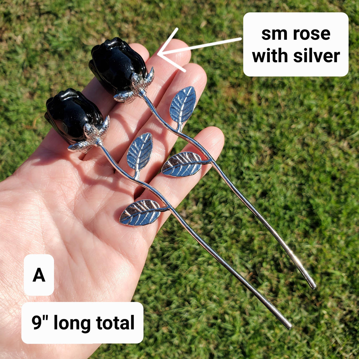 Black Obsidian Long Stem Rose - Self Reflection, Release Negativity, Increase Positivity - Crystal Rose Bud with Silver or Gold Stem