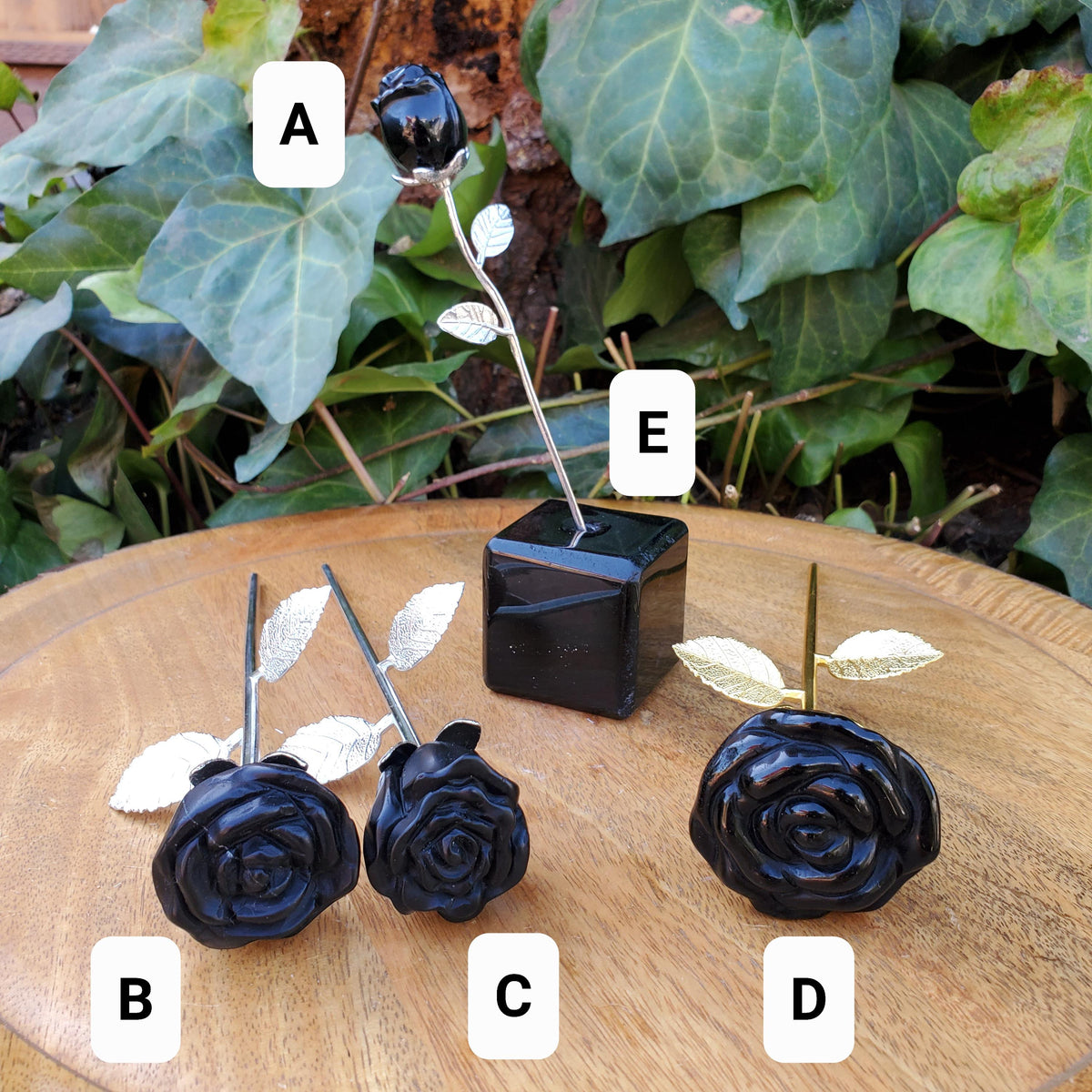 Black Obsidian Long Stem Rose - Self Reflection, Release Negativity, Increase Positivity - Crystal Rose Bud with Silver or Gold Stem