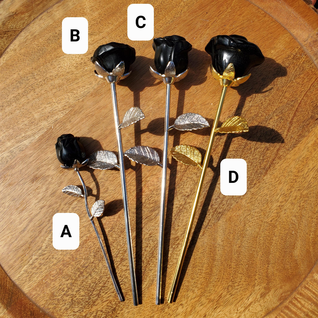 Black Obsidian Long Stem Rose - Self Reflection, Release Negativity, Increase Positivity - Crystal Rose Bud with Silver or Gold Stem