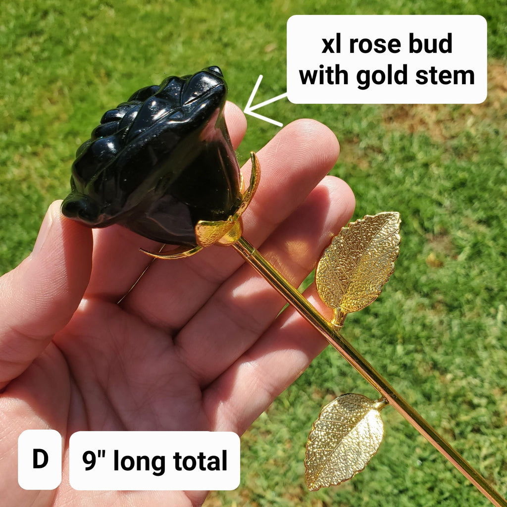 Black Obsidian Long Stem Rose - Self Reflection, Release Negativity, Increase Positivity - Crystal Rose Bud with Silver or Gold Stem