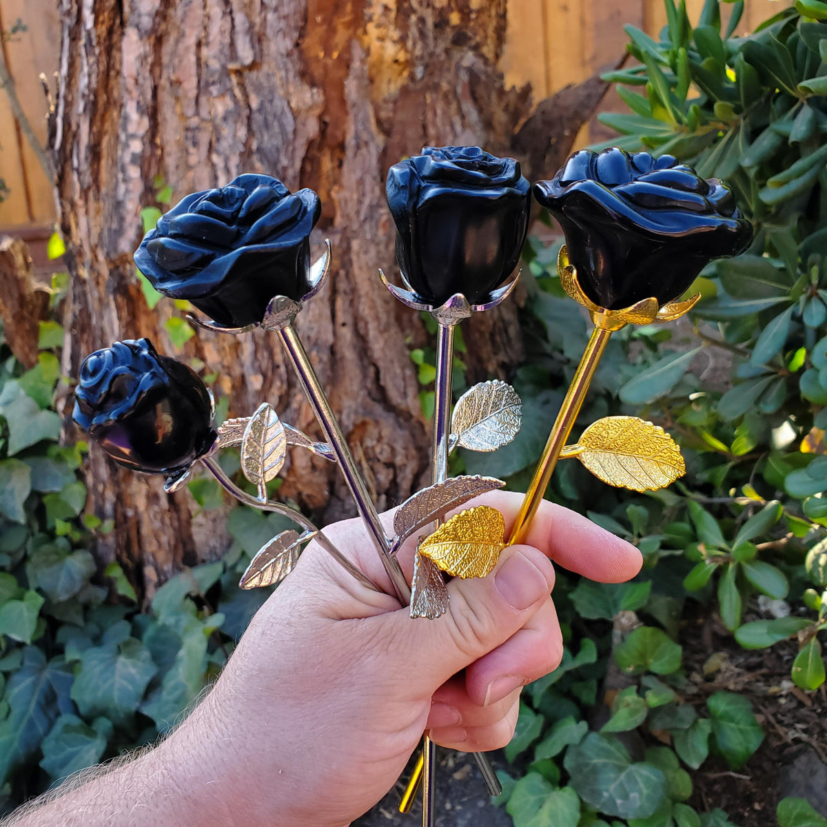 Black Obsidian Long Stem Rose - Self Reflection, Release Negativity, Increase Positivity - Crystal Rose Bud with Silver or Gold Stem