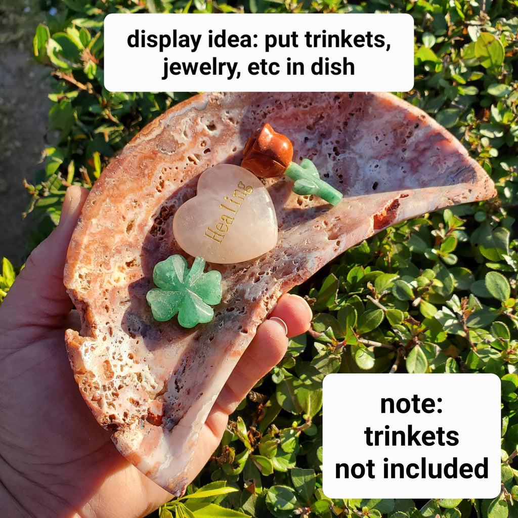 Pink Lace Agate Crescent Moon Tray- Balance Physical, Mental, Emotional - Agate Crystal Moon Display Tray for Trinkets Healing Decor
