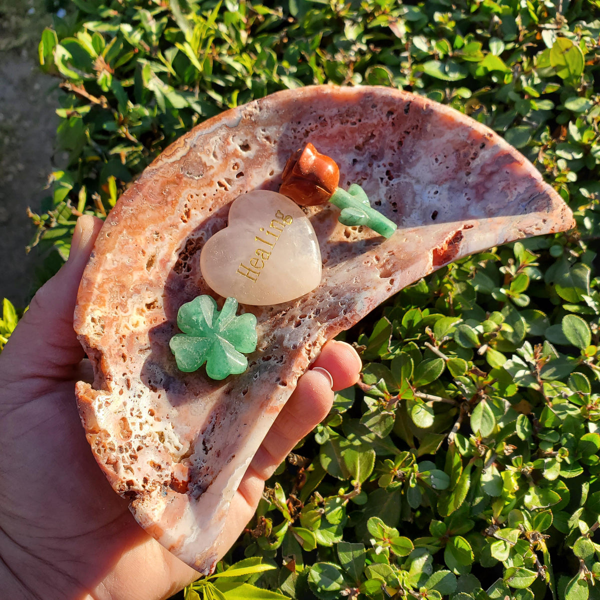 Pink Lace Agate Crescent Moon Tray- Balance Physical, Mental, Emotional - Agate Crystal Moon Display Tray for Trinkets Healing Decor