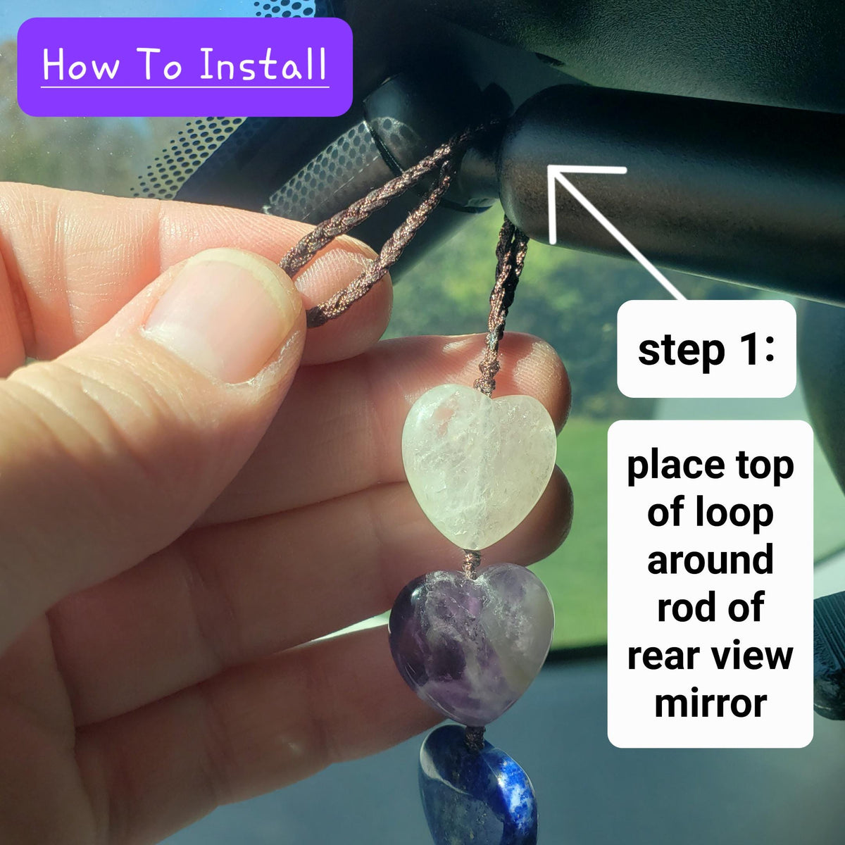 Crystal Hearts Car Charm 10" - Grounding, Manifestation, Self Reflection, Prosperity, Wisdom, Strength, Awareness - Chakra Hanging Charm