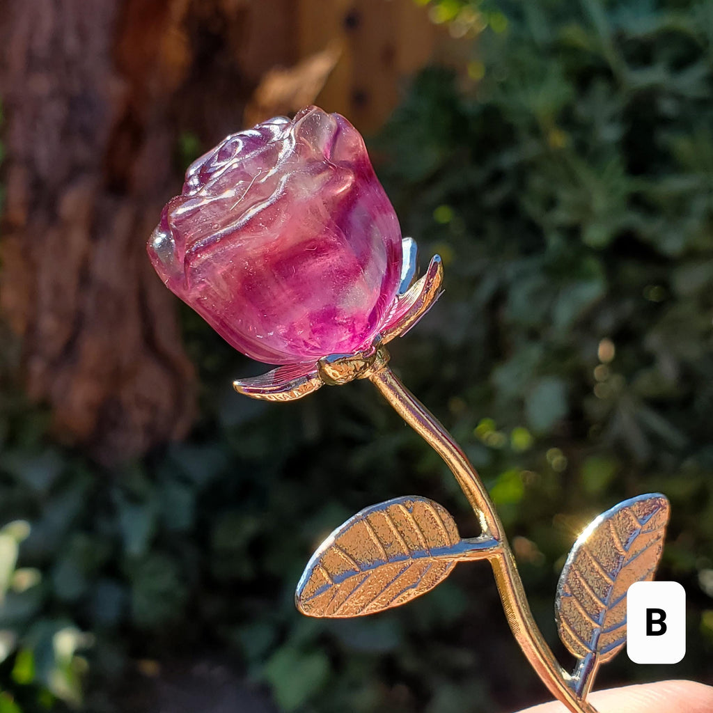Small Rainbow Fluorite Crystal Rose on Stem - Mental Clarity, Positivity, Energetic Protection - Stone Rose Healing Crystals Gemstones