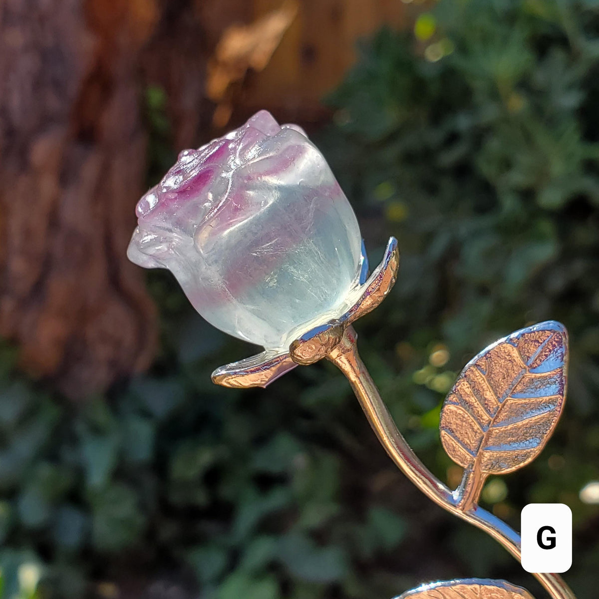Small Rainbow Fluorite Crystal Rose on Stem - Mental Clarity, Positivity, Energetic Protection - Stone Rose Healing Crystals Gemstones