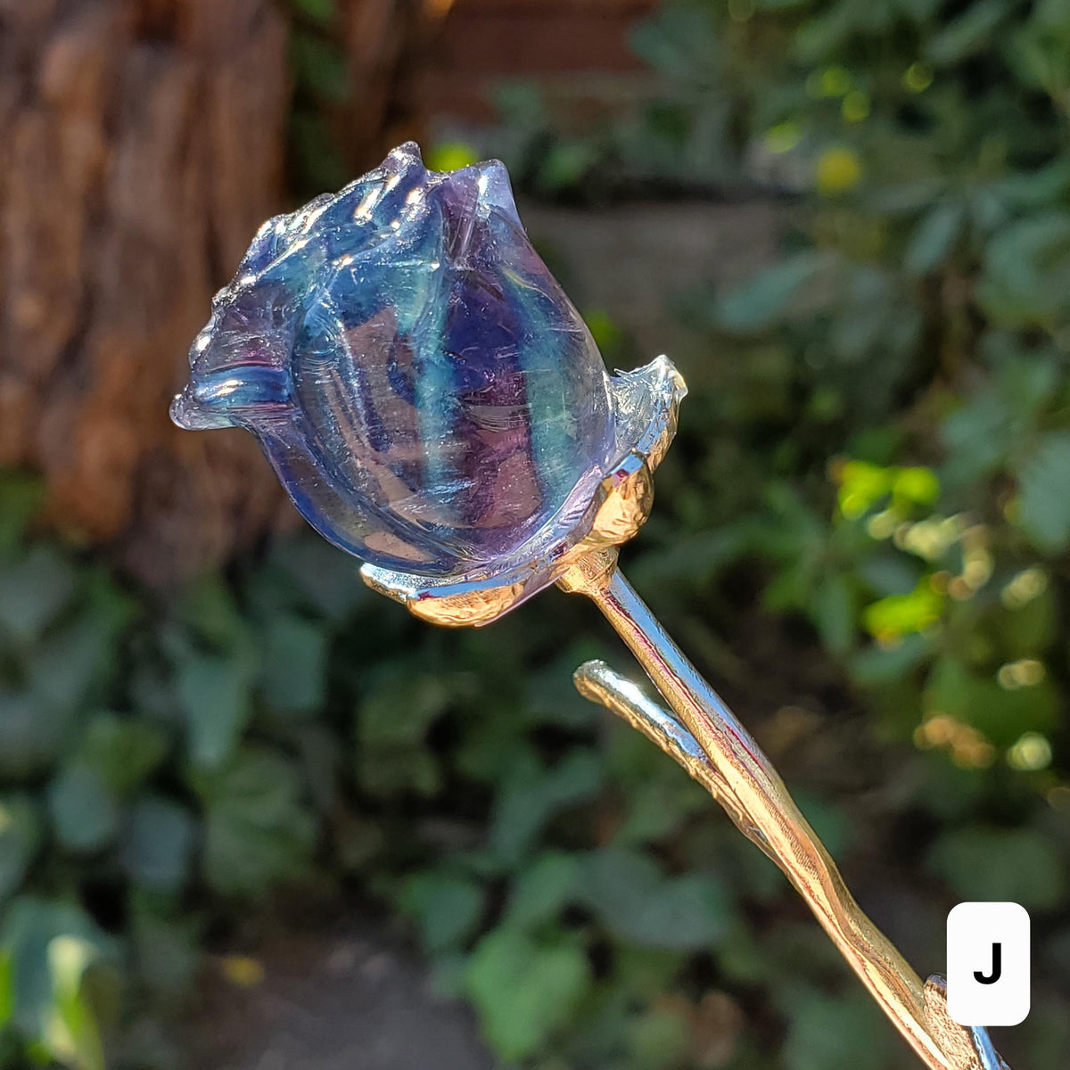 Small Rainbow Fluorite Crystal Rose on Stem - Mental Clarity, Positivity, Energetic Protection - Stone Rose Healing Crystals Gemstones