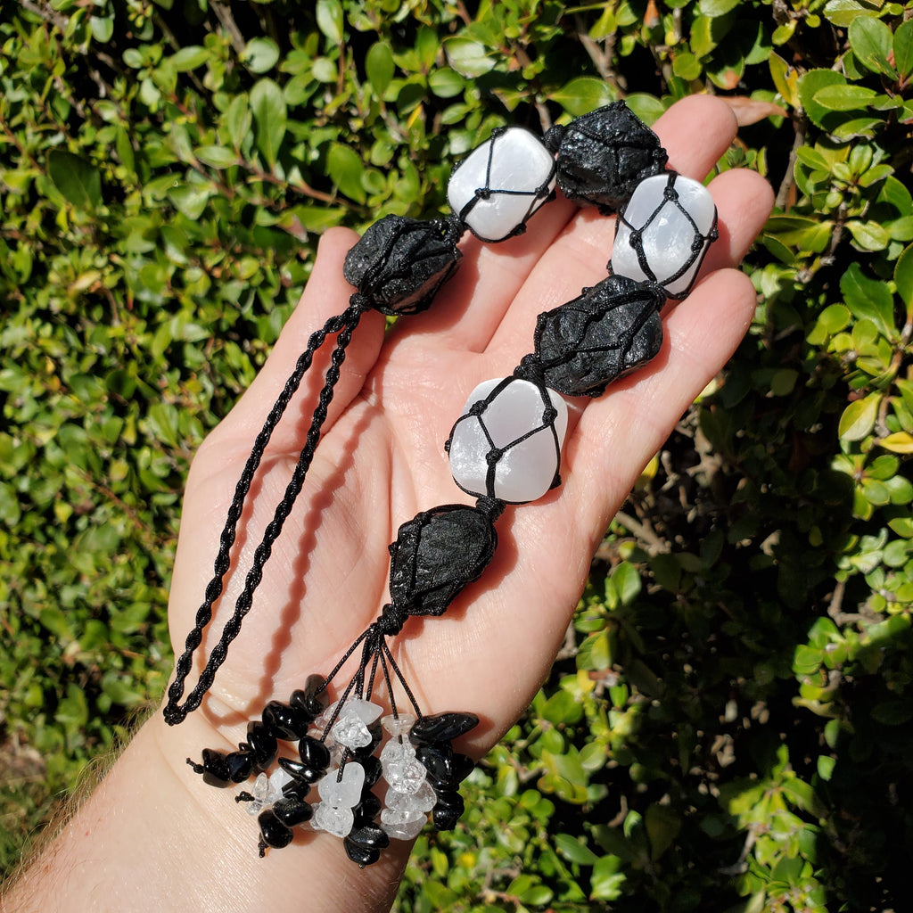 Car Protection Hanging Charm - Raw Black Tourmaline & Selenite - Energetic Protection, Neutralizes Negativity, Cleanses Space Crystal Decor