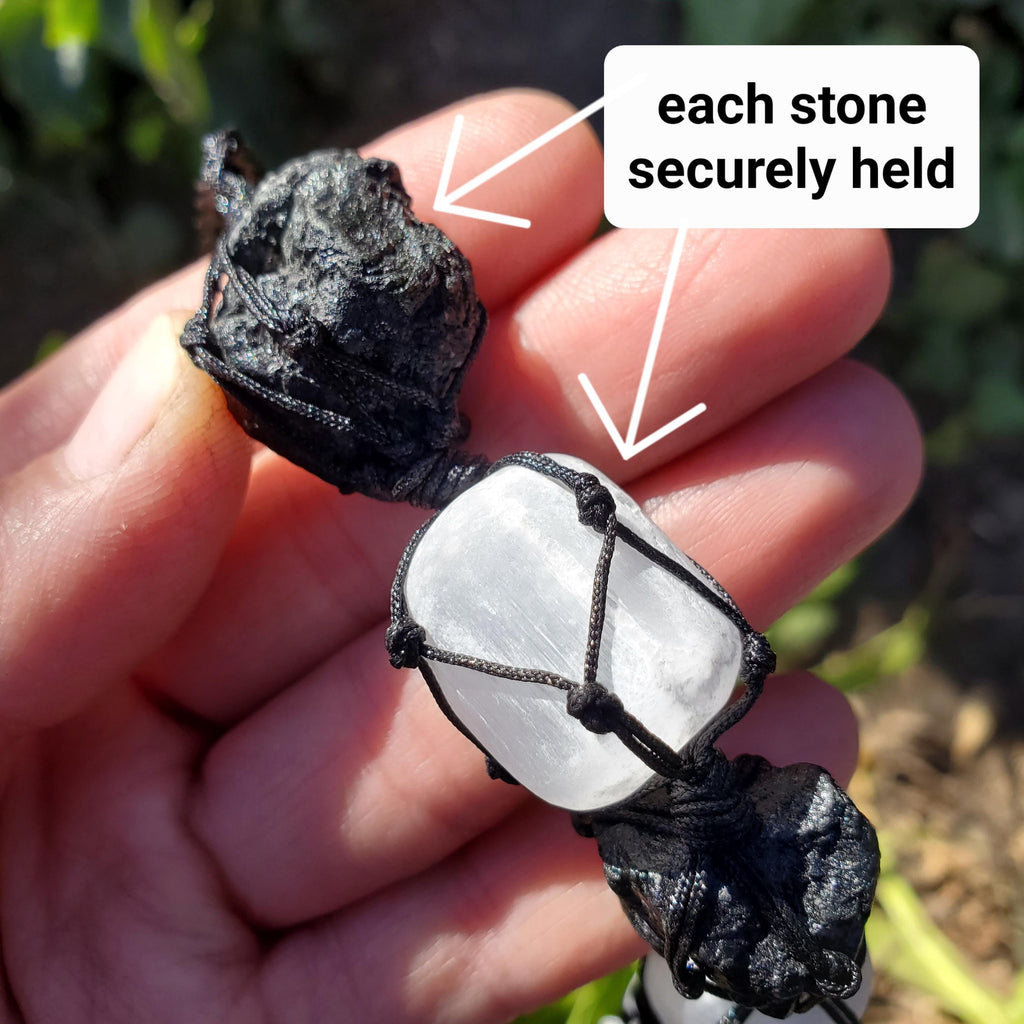 Car Protection Hanging Charm - Raw Black Tourmaline & Selenite - Energetic Protection, Neutralizes Negativity, Cleanses Space Crystal Decor