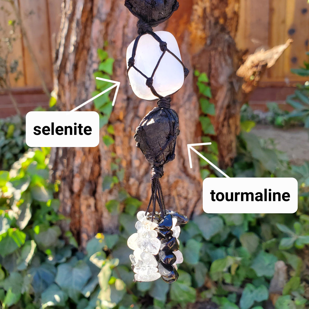 Car Protection Hanging Charm - Raw Black Tourmaline & Selenite - Energetic Protection, Neutralizes Negativity, Cleanses Space Crystal Decor