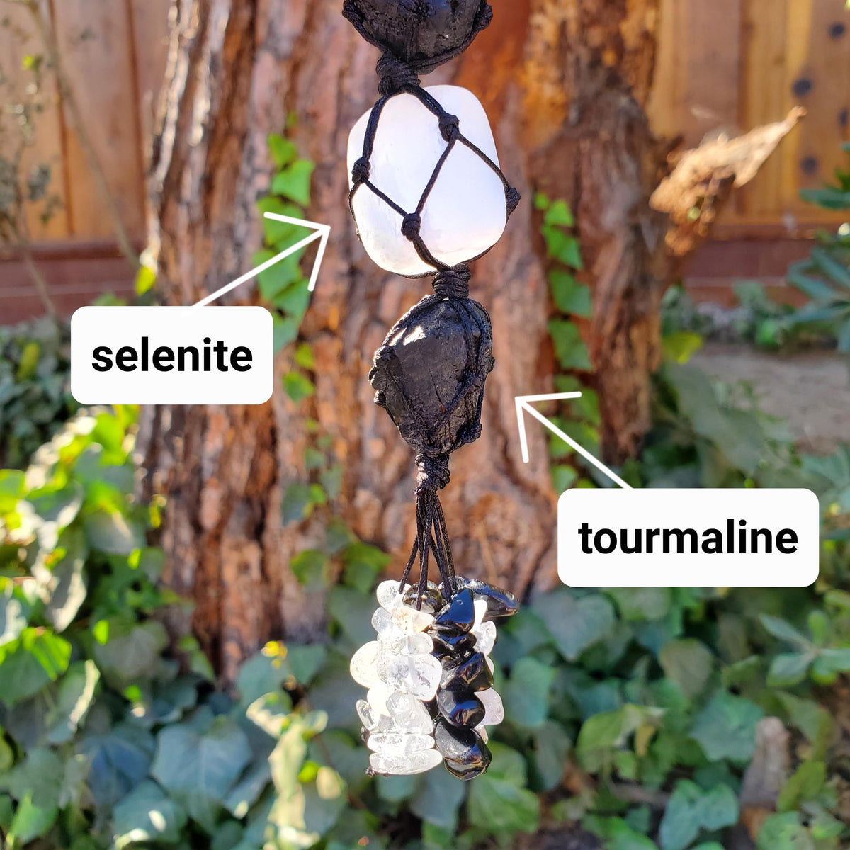 Car Protection Hanging Charm - Raw Black Tourmaline & Selenite - Energetic Protection, Neutralizes Negativity, Cleanses Space Crystal Decor