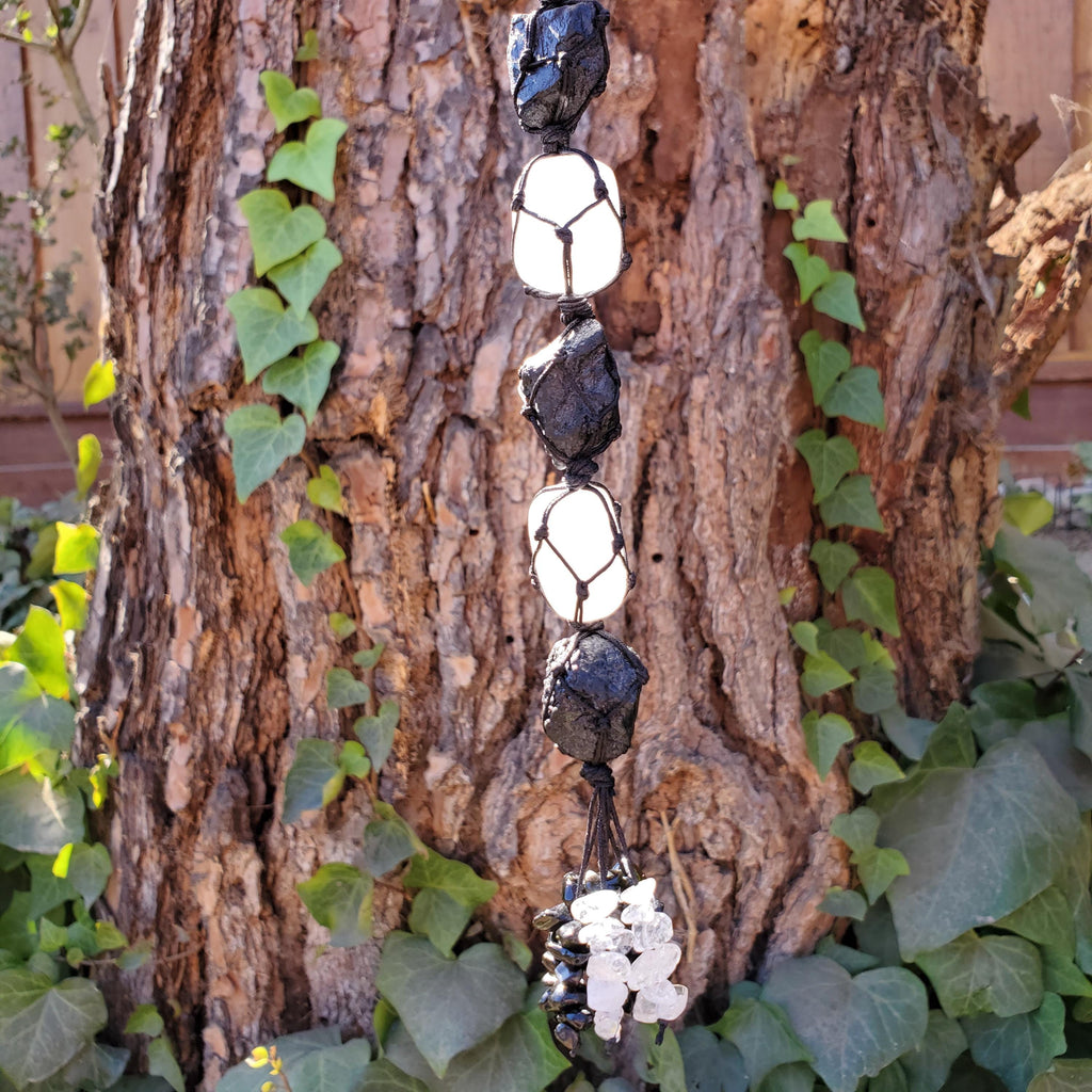Car Protection Hanging Charm - Raw Black Tourmaline & Selenite - Energetic Protection, Neutralizes Negativity, Cleanses Space Crystal Decor