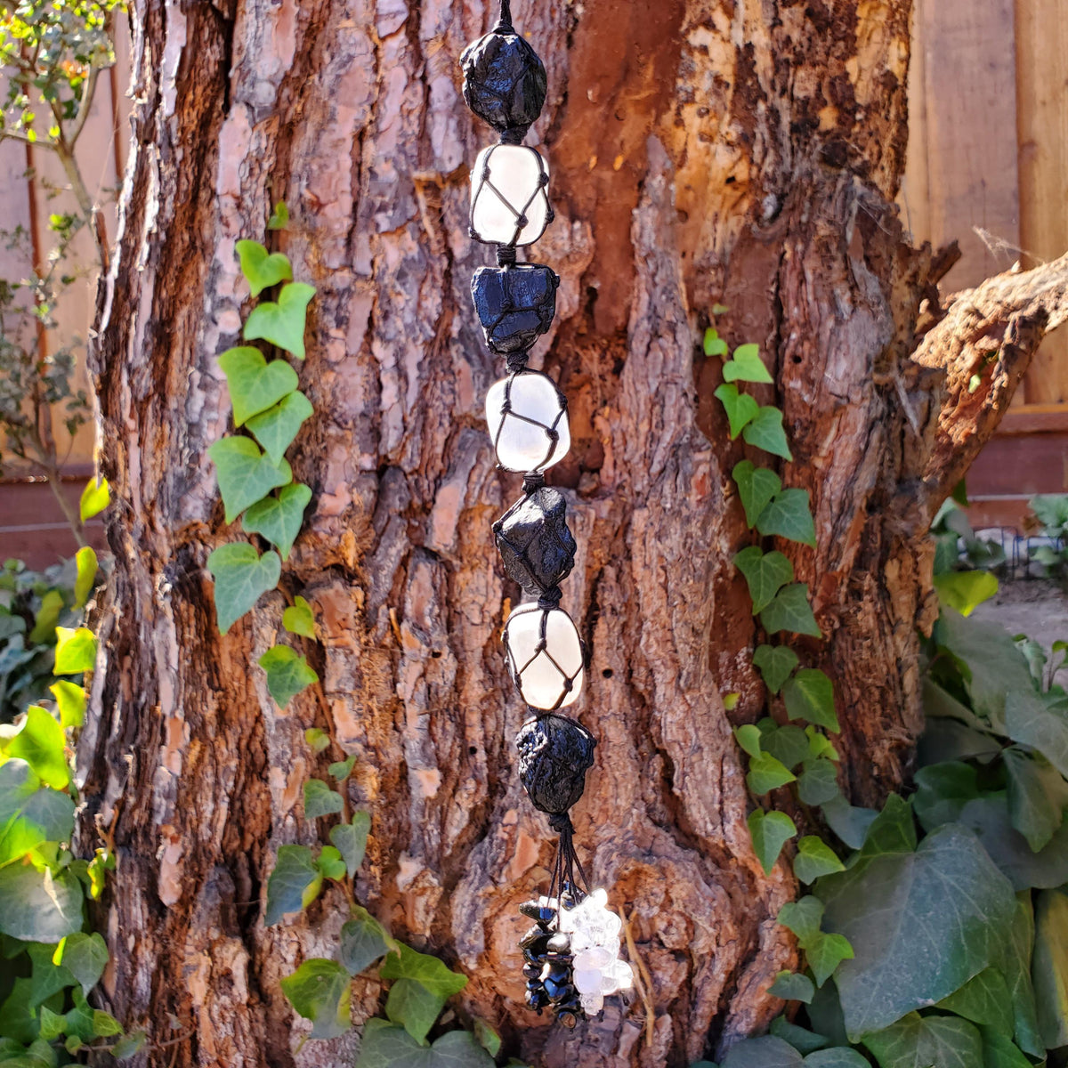 Car Protection Hanging Charm - Raw Black Tourmaline & Selenite - Energetic Protection, Neutralizes Negativity, Cleanses Space Crystal Decor