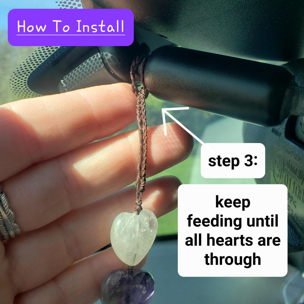 Crystal Hearts Car Charm 10" - Grounding, Manifestation, Self Reflection, Prosperity, Wisdom, Strength, Awareness - Chakra Hanging Charm