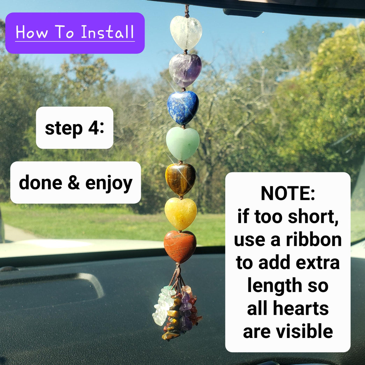 Crystal Hearts Car Charm 10" - Grounding, Manifestation, Self Reflection, Prosperity, Wisdom, Strength, Awareness - Chakra Hanging Charm