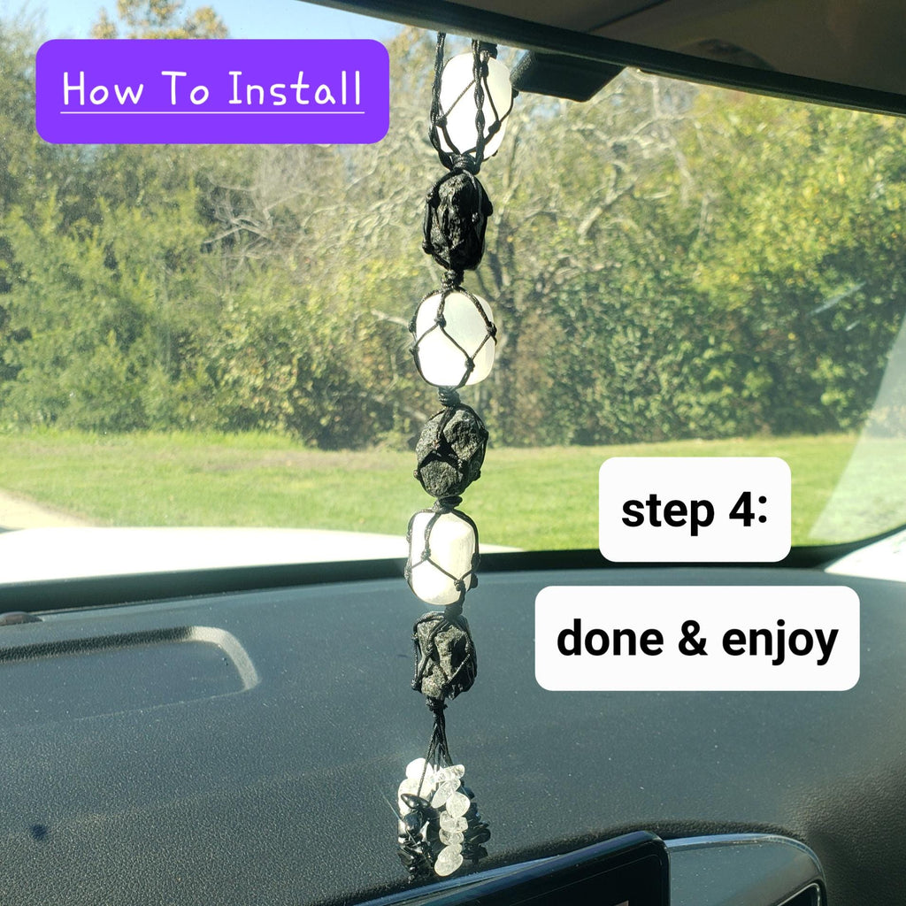 Car Protection Hanging Charm - Raw Black Tourmaline & Selenite - Energetic Protection, Neutralizes Negativity, Cleanses Space Crystal Decor